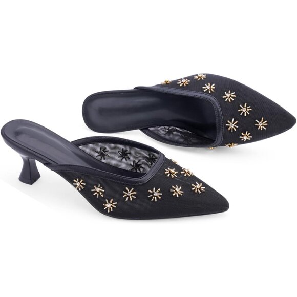🆕Women Black Kitten Heel Mules Flower Decor Mesh Pointed Toe Low Heel Pumps - Picture 6 of 7